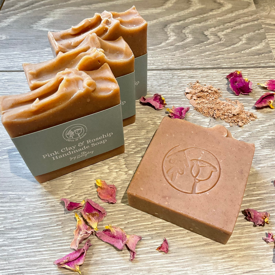 Olive & Rosie Pink Clay & Rosehip Handmade Soap with Lavender, Geranium & Patchouli essential oils together with rosehip powder & pink clay