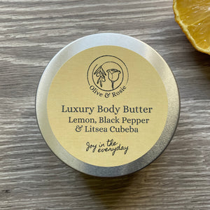 Olive & Rosie Luxury Body Butter, Lemon, Black Pepper & Litsea Cubeba, handmade in Uk
